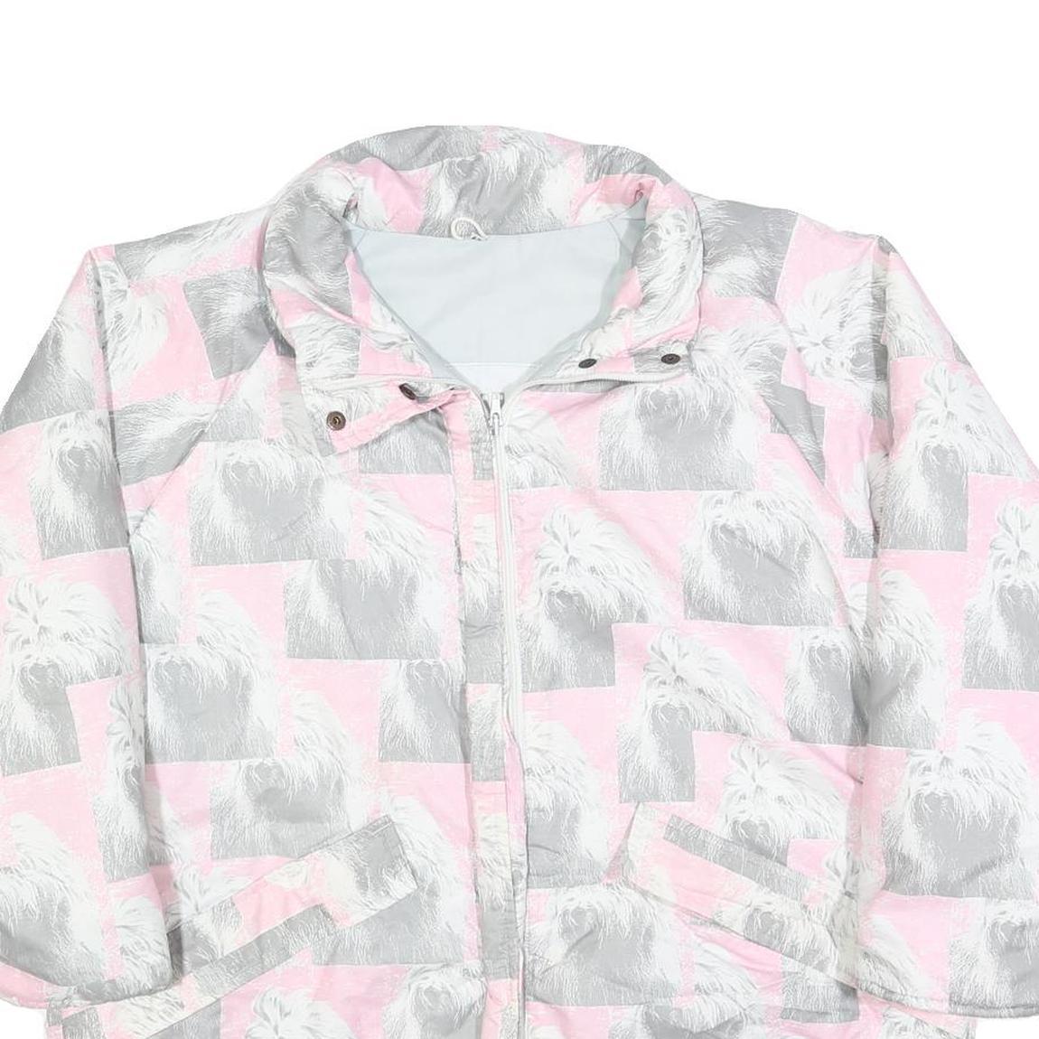 Womens Pink & Grey Dog Print Casual Jacket L Polyester Blend Zip Pocketed