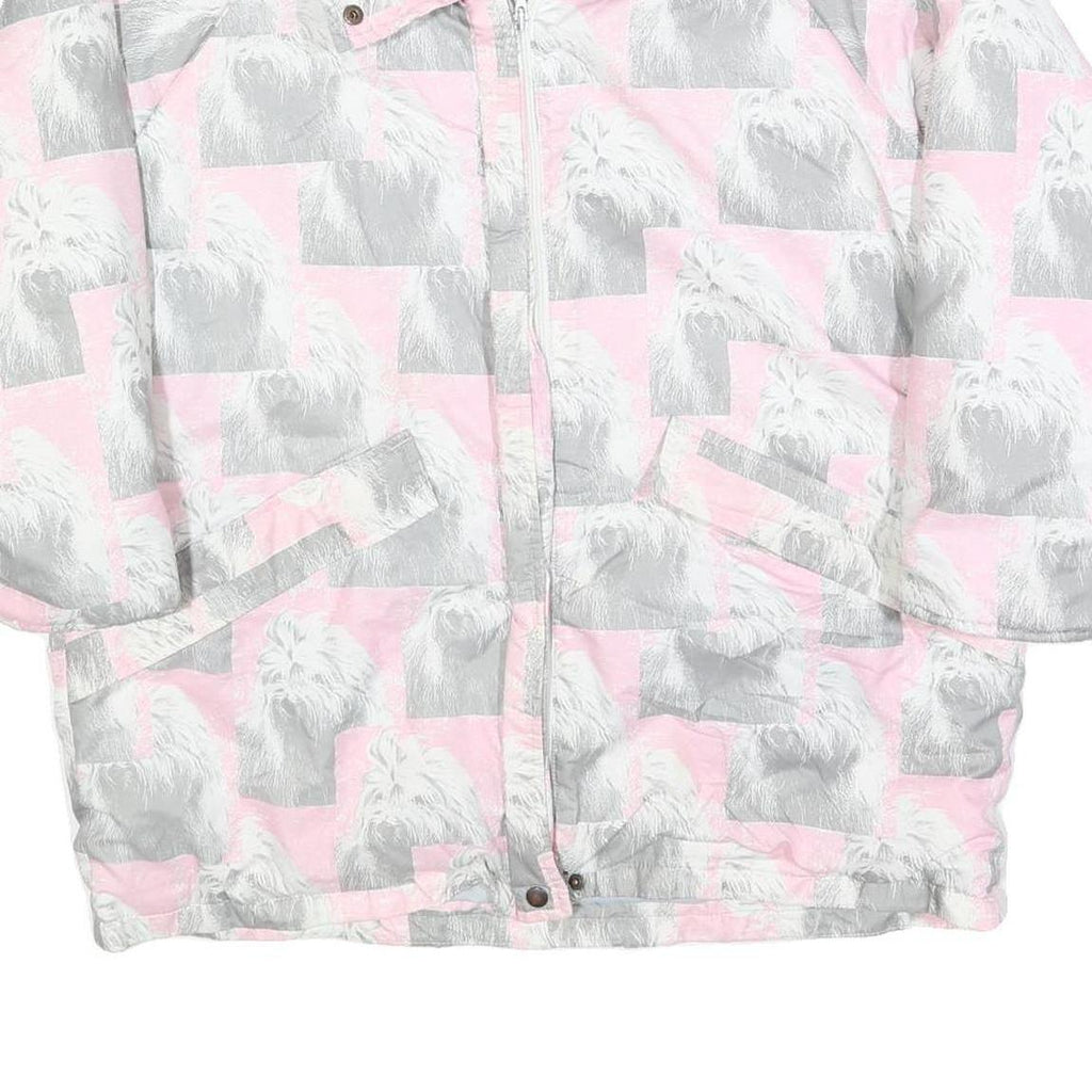 Womens Pink & Grey Dog Print Casual Jacket L Polyester Blend Zip Pocketed