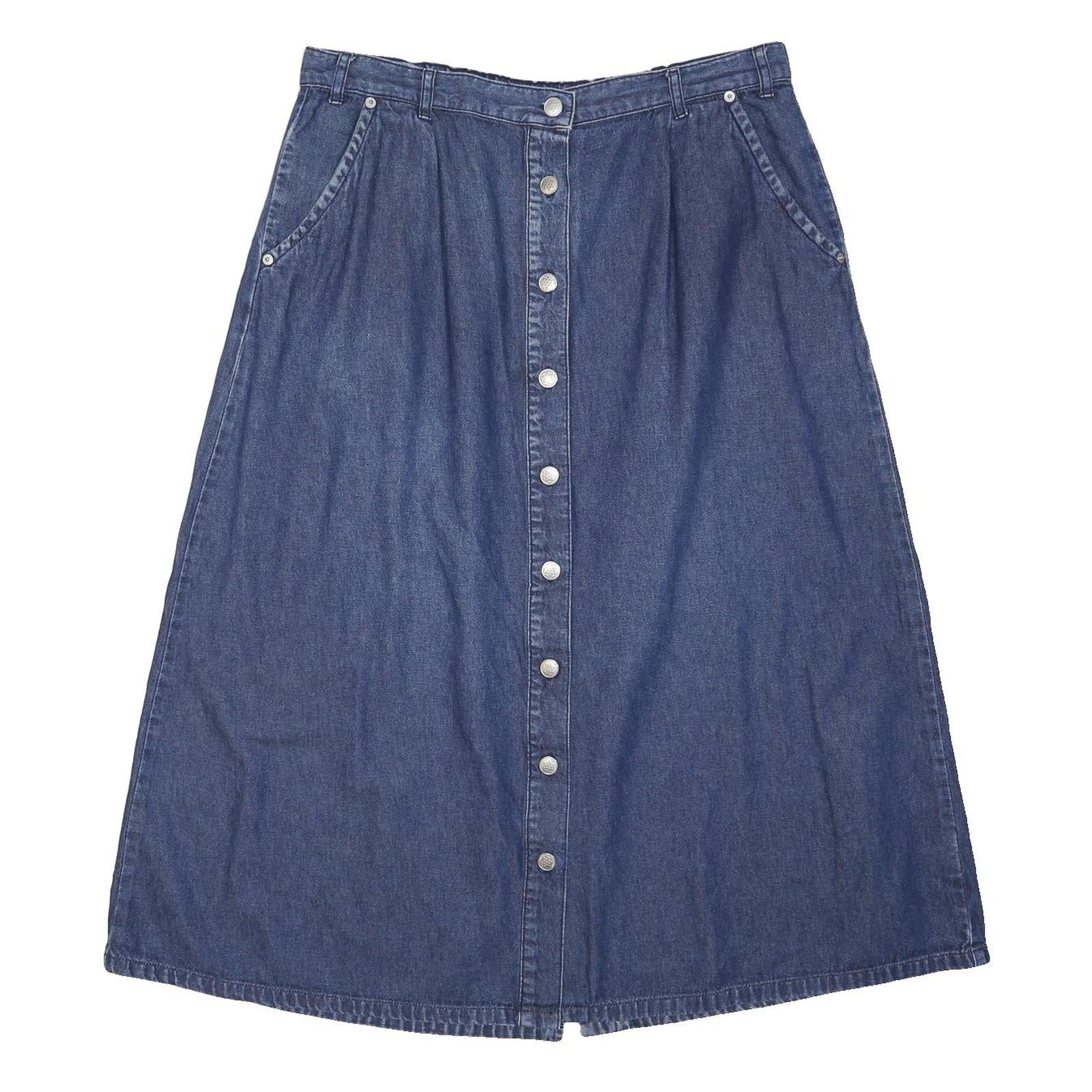 DA MART Womens Blue Denim Button Front Midi Cotton Blend Skirt L Casual Vintage