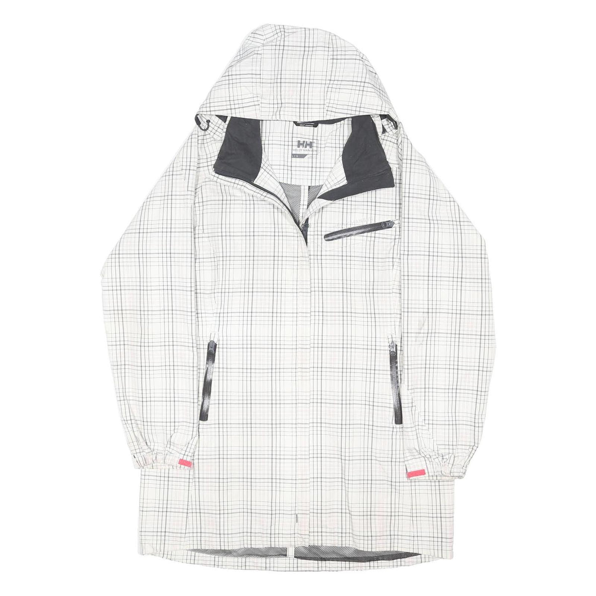 HELLY HANSEN Womens White & Black Check Waterproof Jacket L Polyester Blend Zip