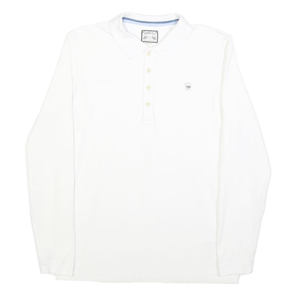 DIESEL Mens White Long Sleeve Plain Polo Shirt M Cotton Blend Casual