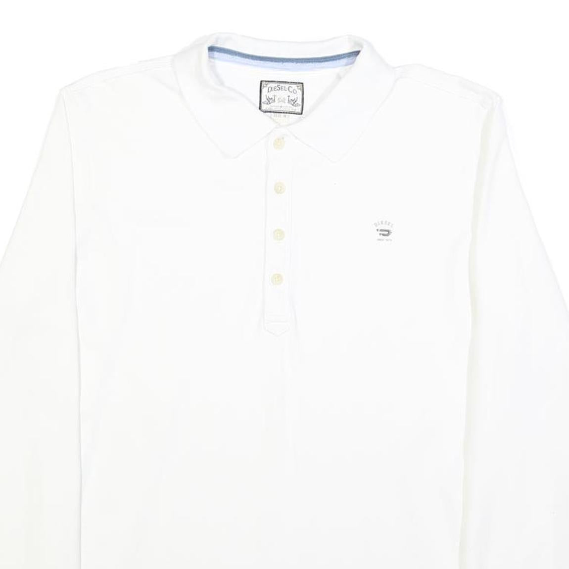 DIESEL Mens White Long Sleeve Plain Polo Shirt M Cotton Blend Casual