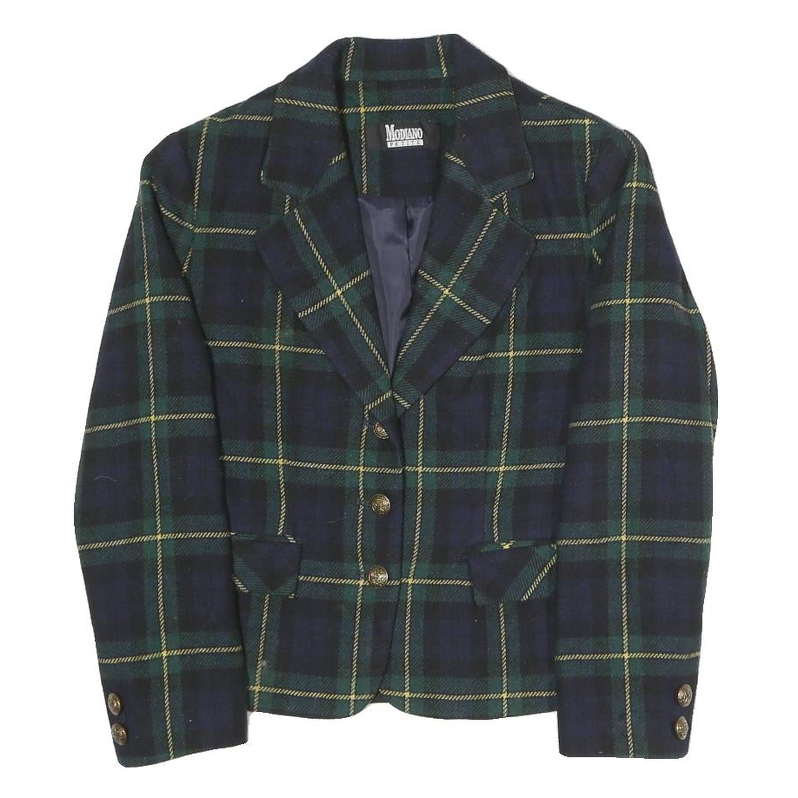MODIANO Womens Blue & Green Check Blazer S Polyester Blend Woven Tailored Button
