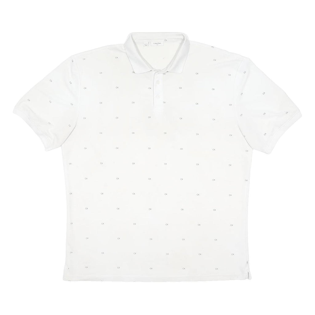 CALVIN KLEIN Mens White Polo Shirt 2XL Cotton Blend Short Sleeve CK Logo Pattern
