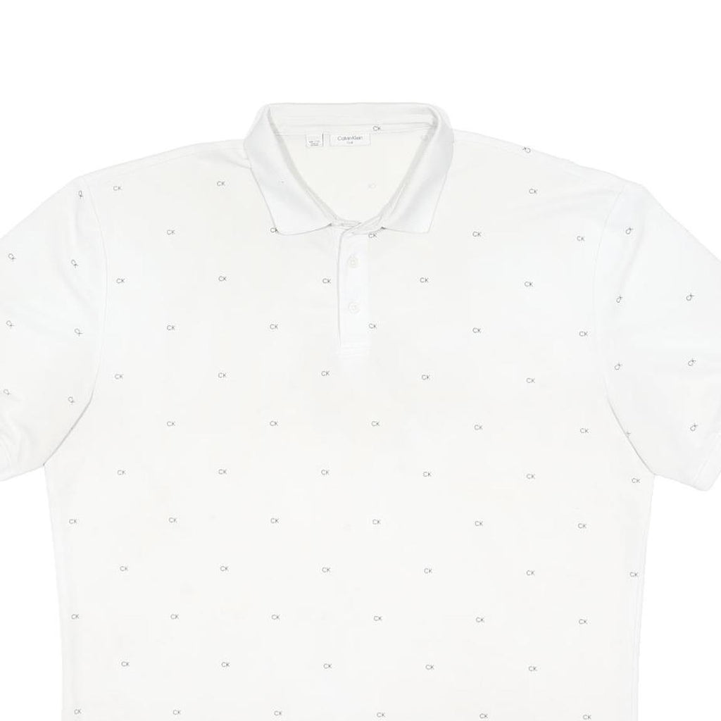 CALVIN KLEIN Mens White Polo Shirt 2XL Cotton Blend Short Sleeve CK Logo Pattern