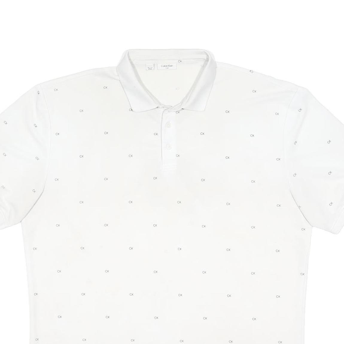 CALVIN KLEIN Mens White Polo Shirt 2XL Cotton Blend Short Sleeve CK Logo Pattern