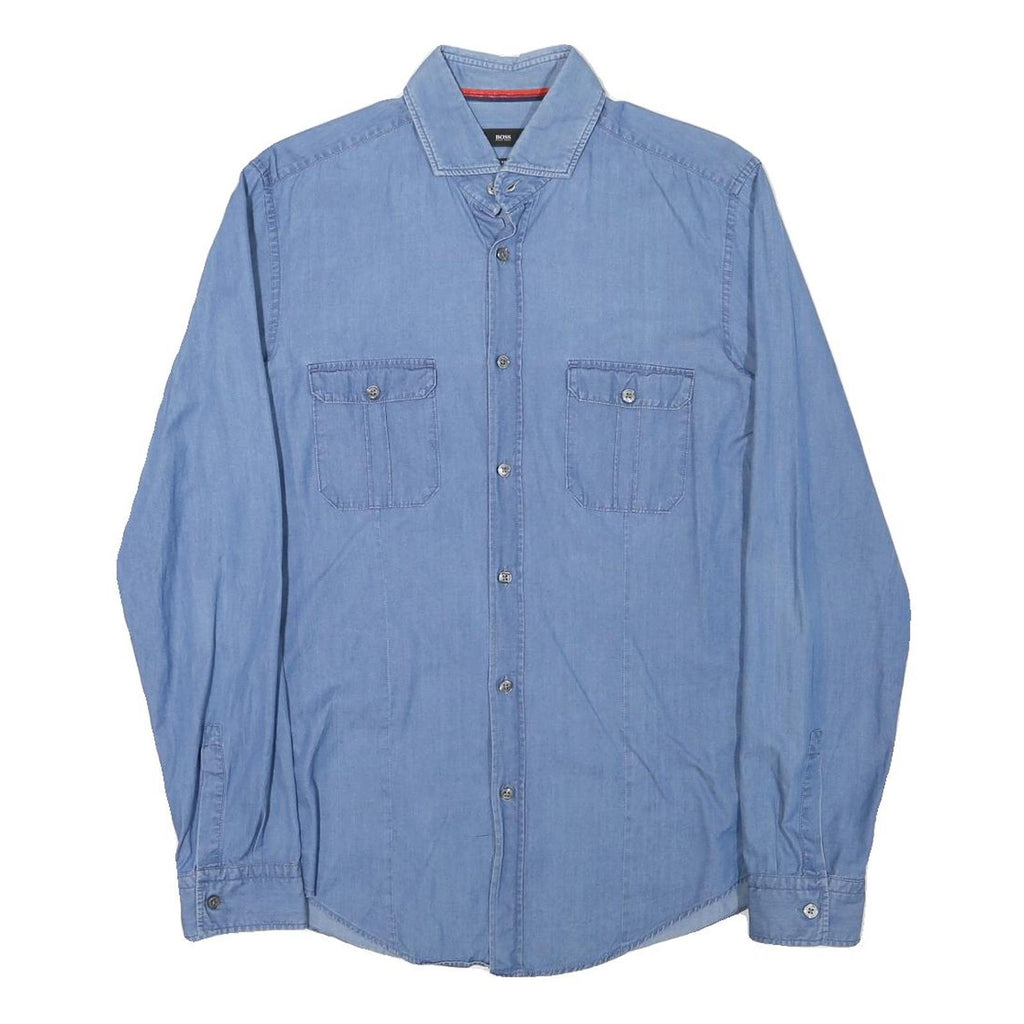 BOSS Mens Blue Cotton Blend Casual Shirt M Button Pockets Long Sleeve