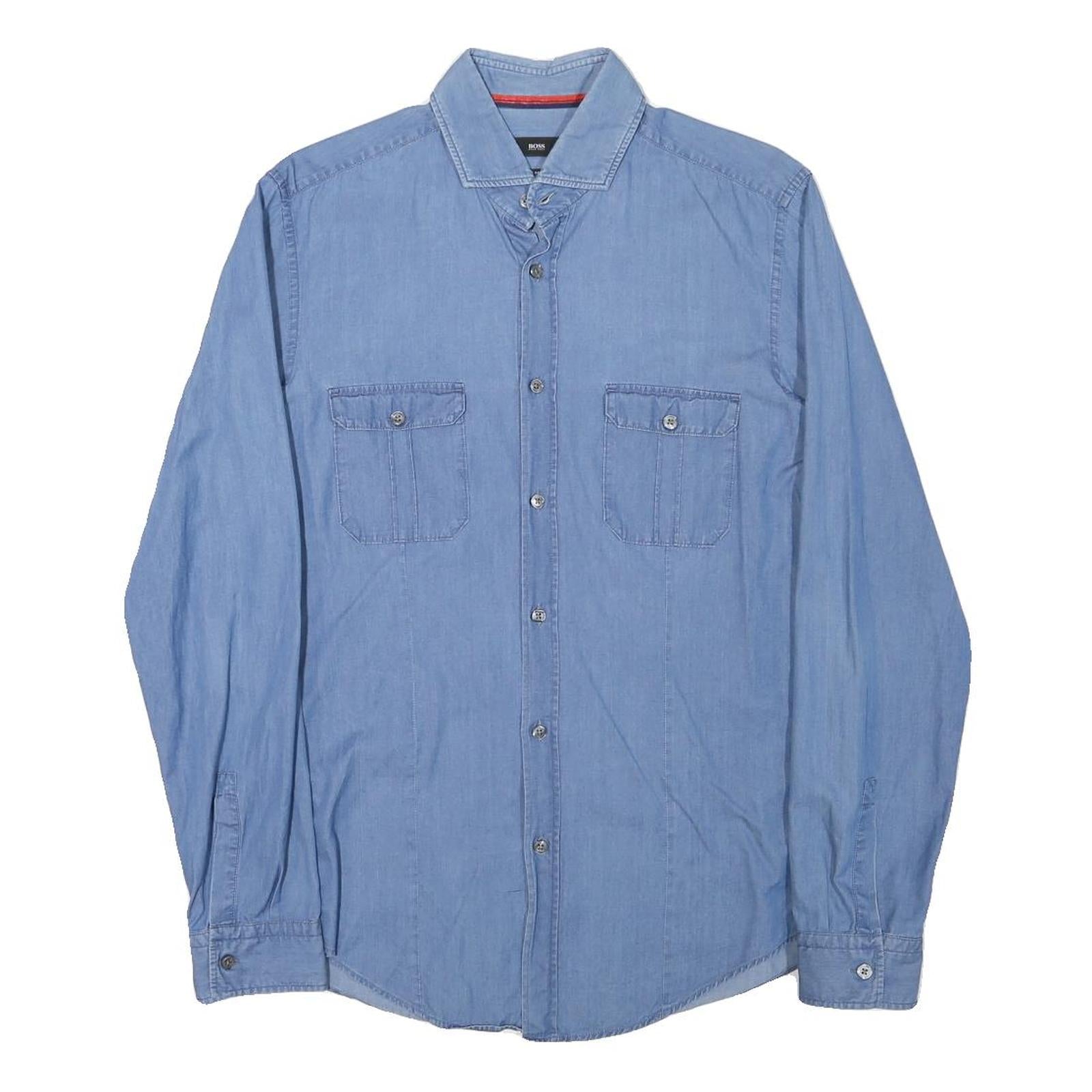 BOSS Mens Blue Cotton Blend Casual Shirt M Button Pockets Long Sleeve