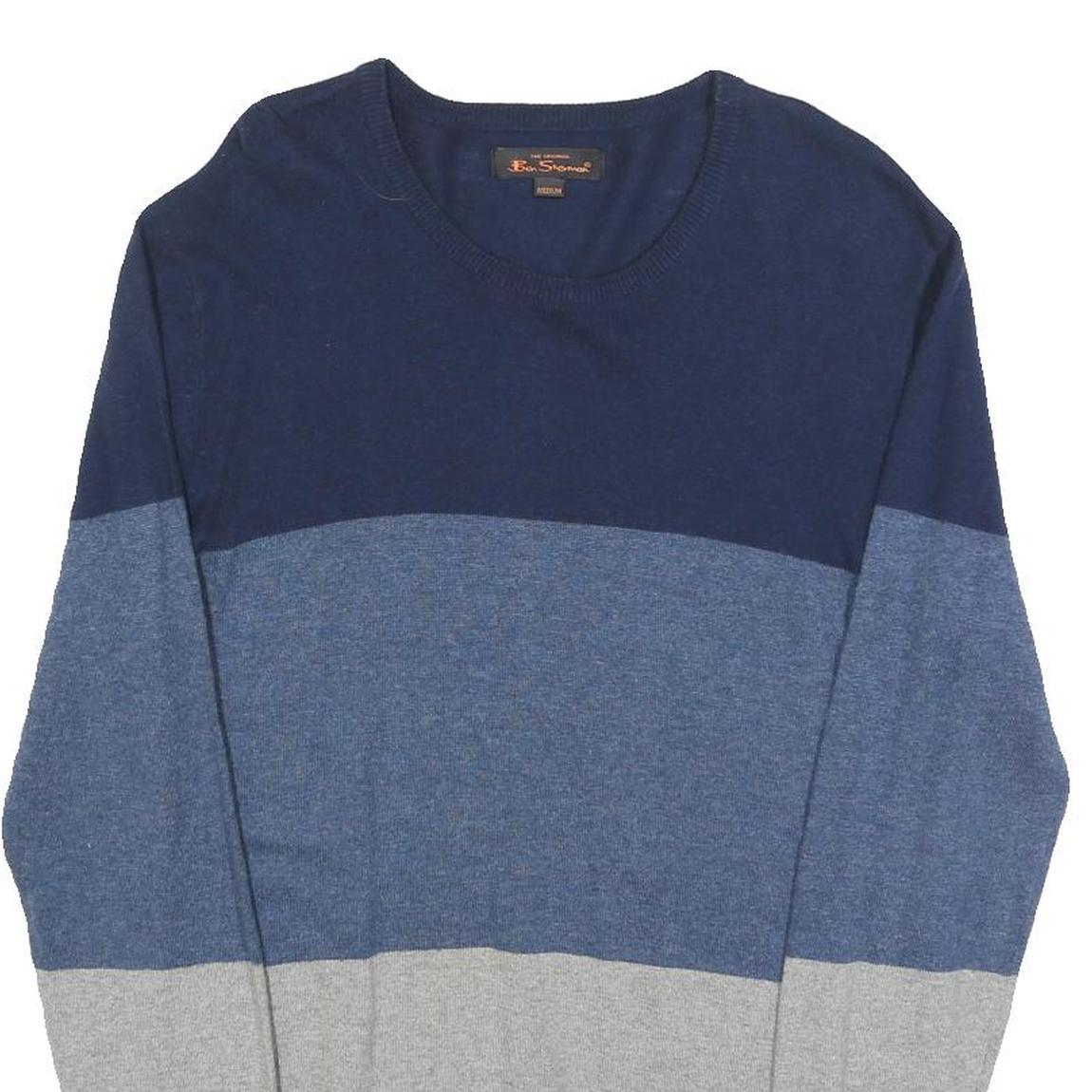 BEN SHERMAN Mens Blue & Grey Colourblock Patterned Wool Blend Jumper Crew Neck M