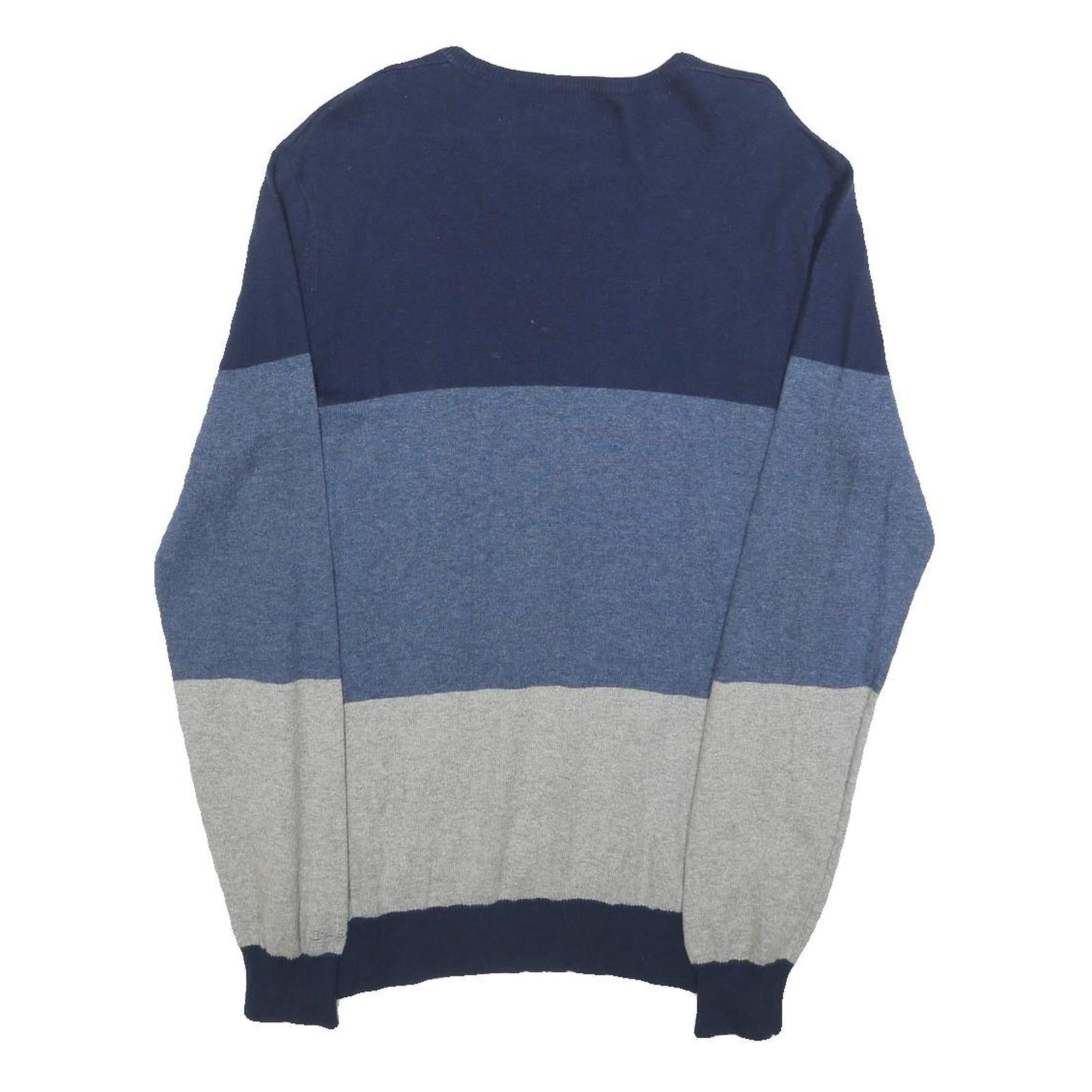 BEN SHERMAN Mens Blue & Grey Colourblock Patterned Wool Blend Jumper Crew Neck M
