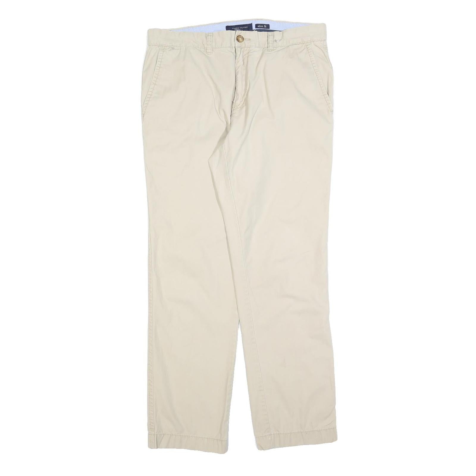 TOMMY HILFIGER Mens Slim Fit Beige Cotton Blend Trousers W32 L30 Zip Closure
