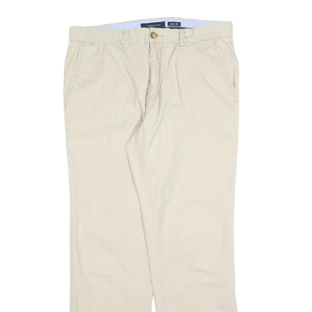 TOMMY HILFIGER Mens Slim Fit Beige Cotton Blend Trousers W32 L30 Zip Closure