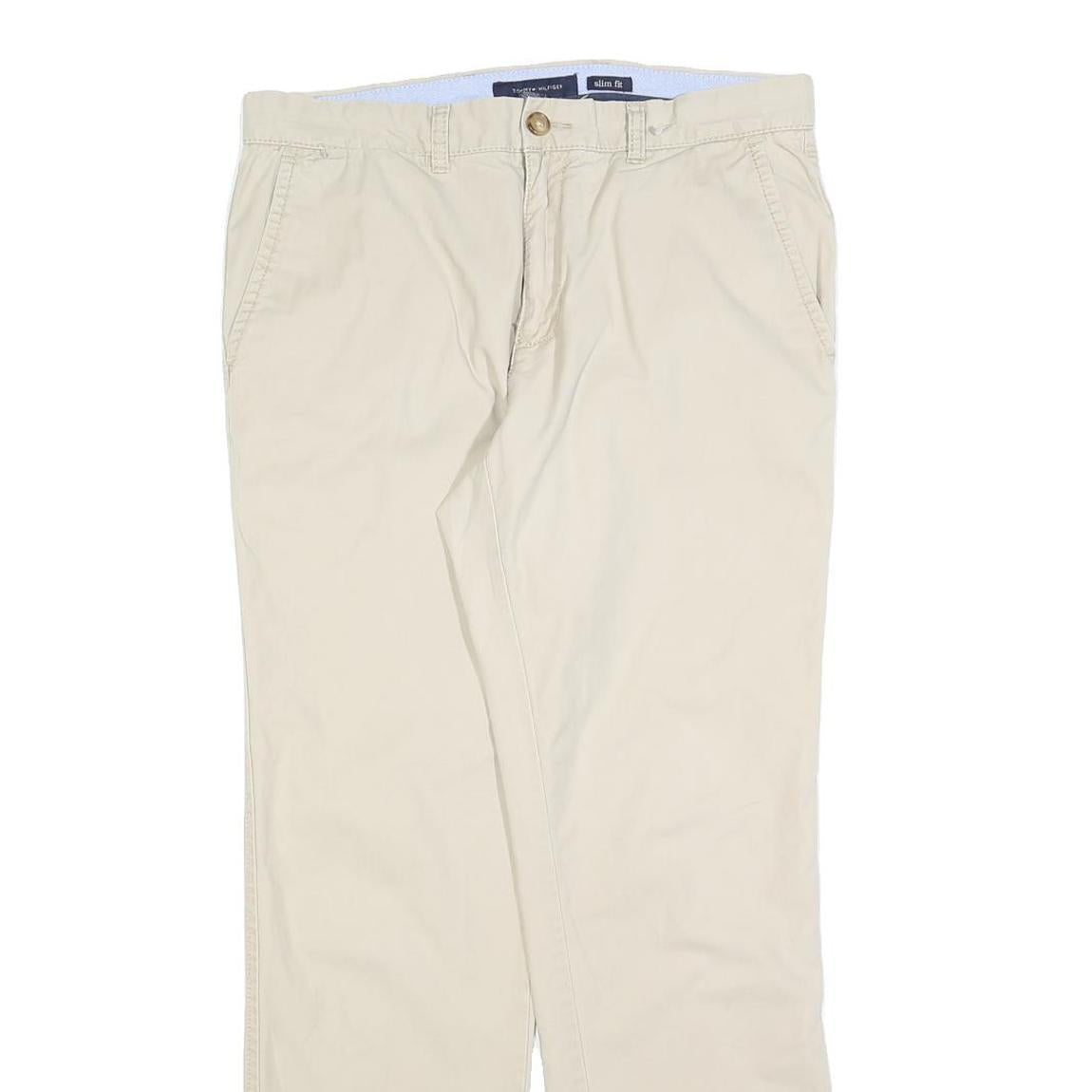 TOMMY HILFIGER Mens Slim Fit Beige Cotton Blend Trousers W32 L30 Zip Closure