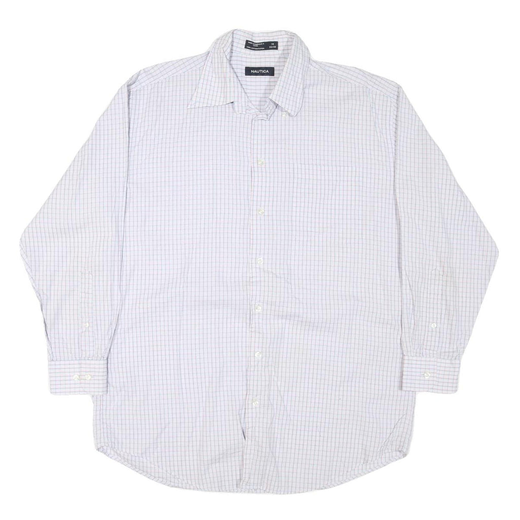NAUTICA Mens White & Blue Checked Shirt L Cotton Blend Classic Fit Long Sleeve
