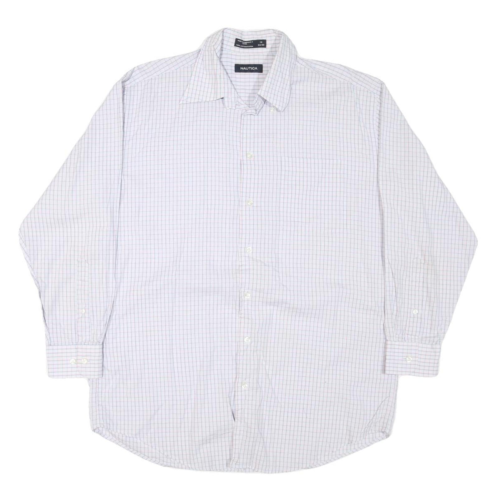 NAUTICA Mens White & Blue Checked Shirt L Cotton Blend Classic Fit Long Sleeve
