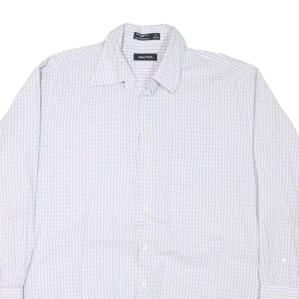 NAUTICA Mens White & Blue Checked Shirt L Cotton Blend Classic Fit Long Sleeve