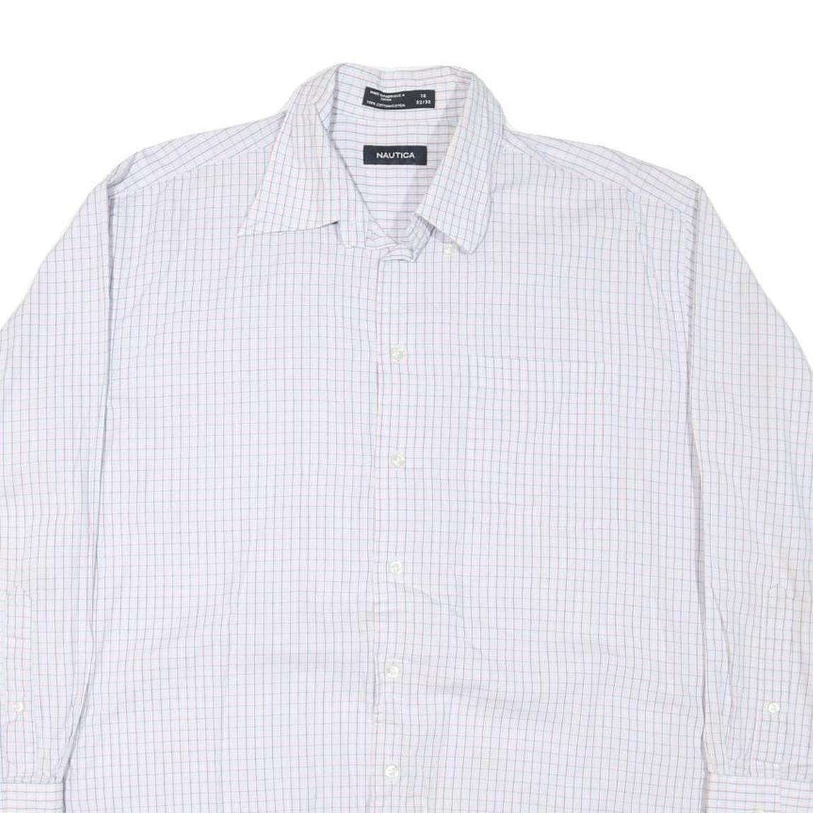 NAUTICA Mens White & Blue Checked Shirt L Cotton Blend Classic Fit Long Sleeve