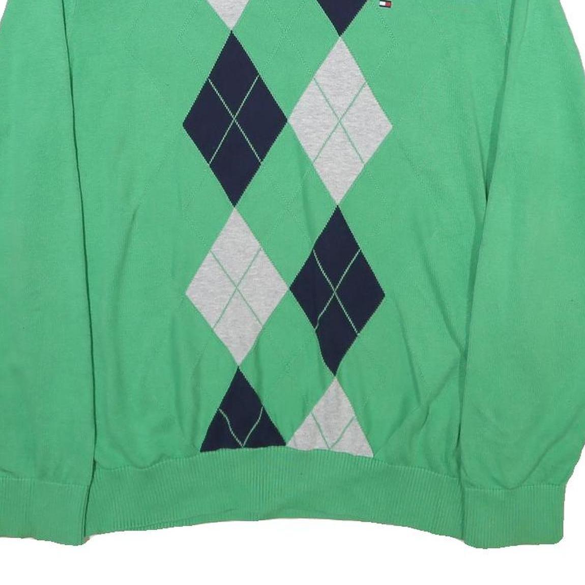 TOMMY HILFIGER Mens Green Navy & Grey Patterned V Neck Jumper Cable Knit L