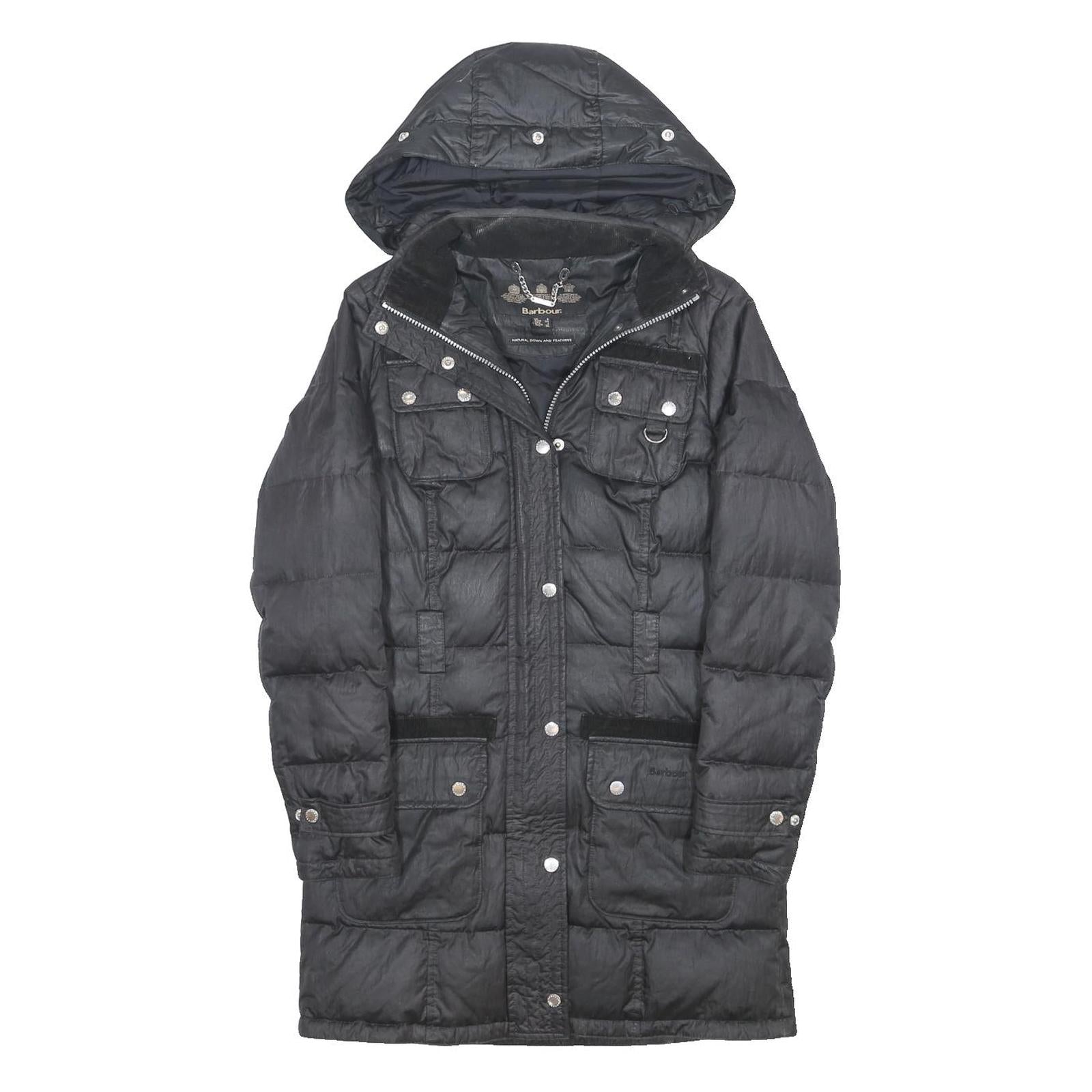BARBOUR Womens Black Quilted Jacket UK 8 Polyester Blend Long Sleeve Hooded Zip