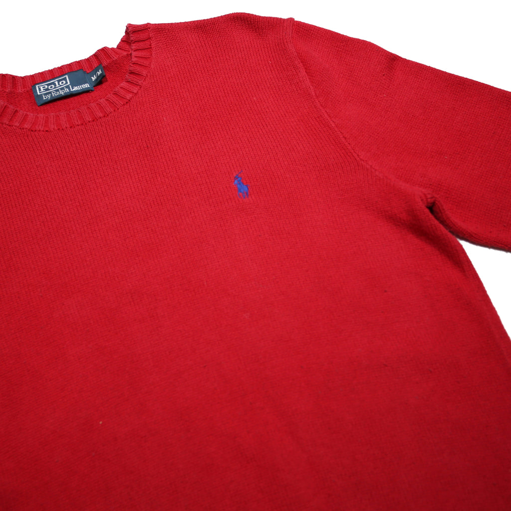POLO RALPH LAUREN Mens Red Plain Jumper Crew Neck Basic Knit Cotton M Zip