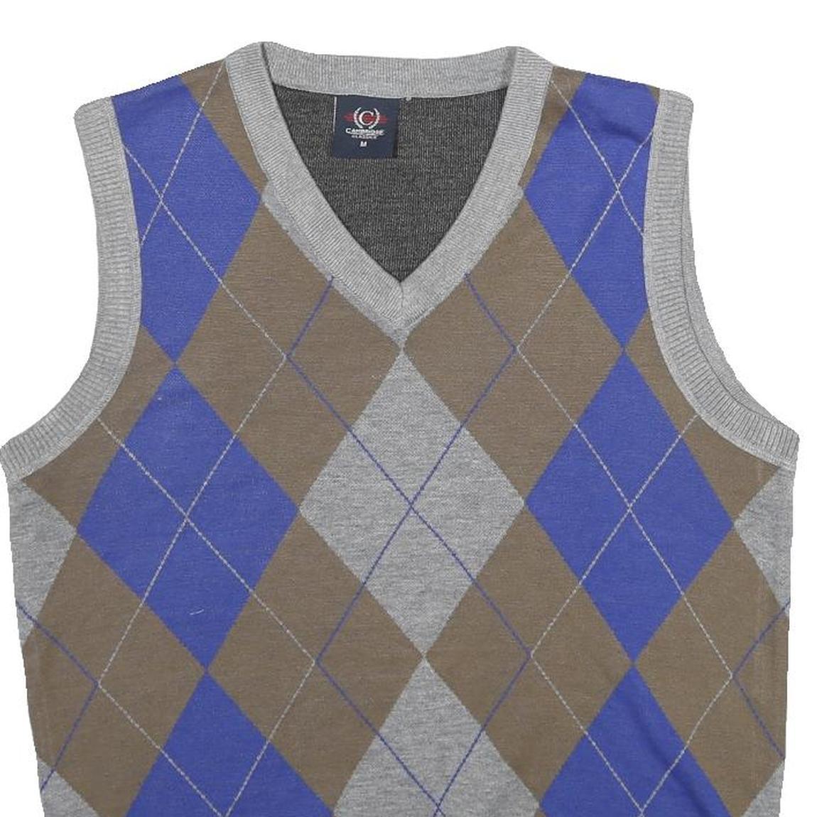 CAMBRIDGE CLASSICS Mens Grey & Brown Argyle V-Neck Patterned Basic Knit M Jumper