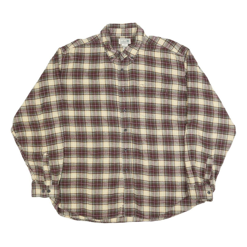 LL BEAN Mens Beige & Maroon Check Shirt XL Cotton Blend Button-Down Casual