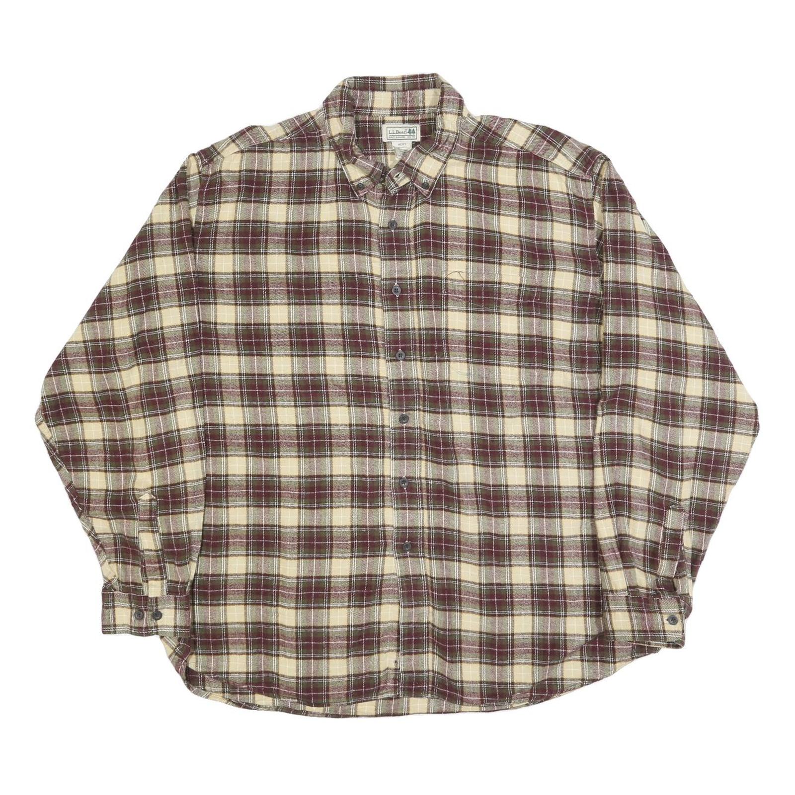 LL BEAN Mens Beige & Maroon Check Shirt XL Cotton Blend Button-Down Casual