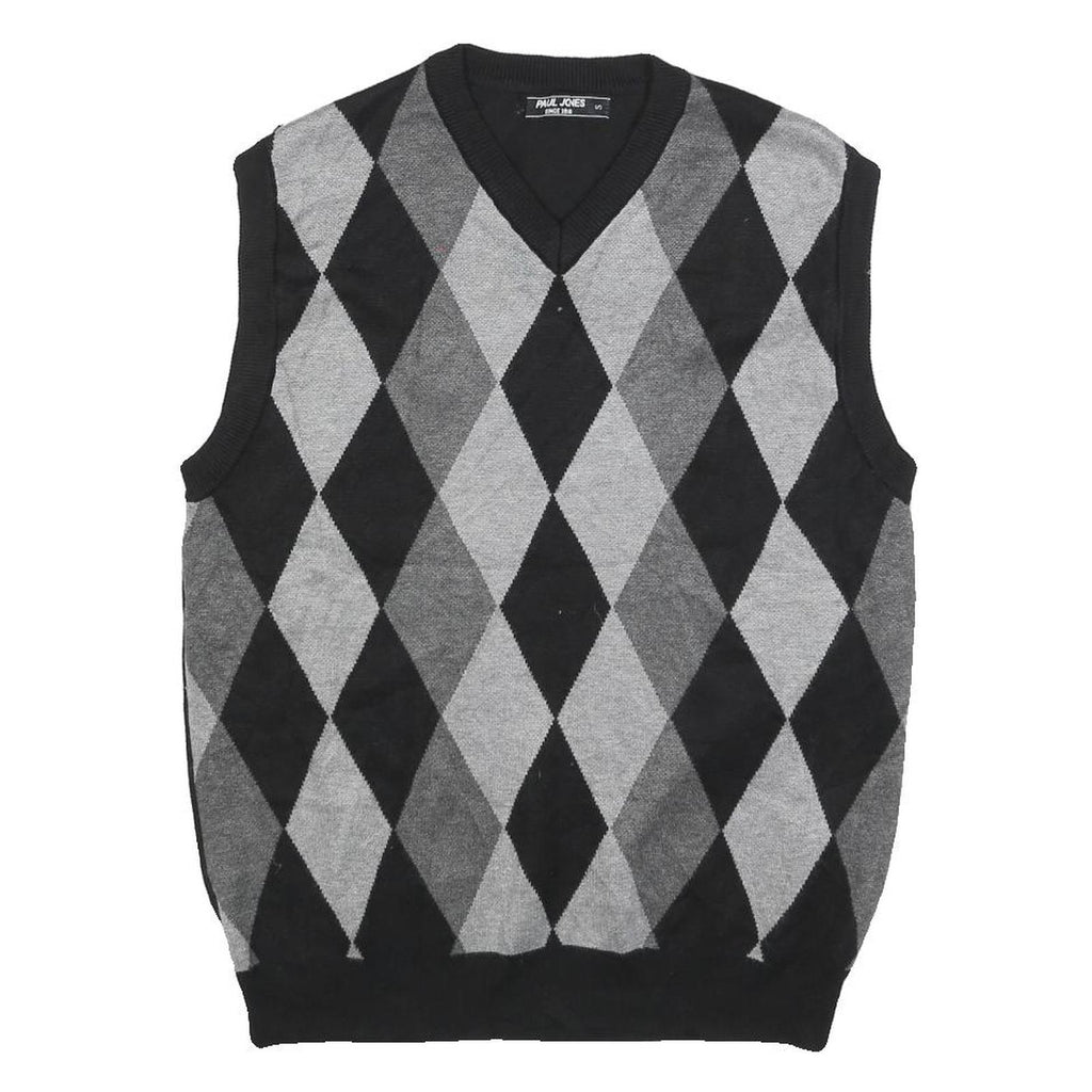 PAUL JONES Mens Black & Grey Patterned V Neck Jumper Basic Knit S Cotton Blend