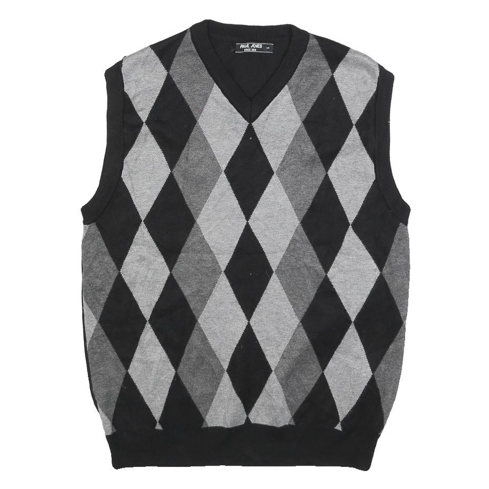 PAUL JONES Mens Black & Grey Patterned V Neck Jumper Basic Knit S Cotton Blend