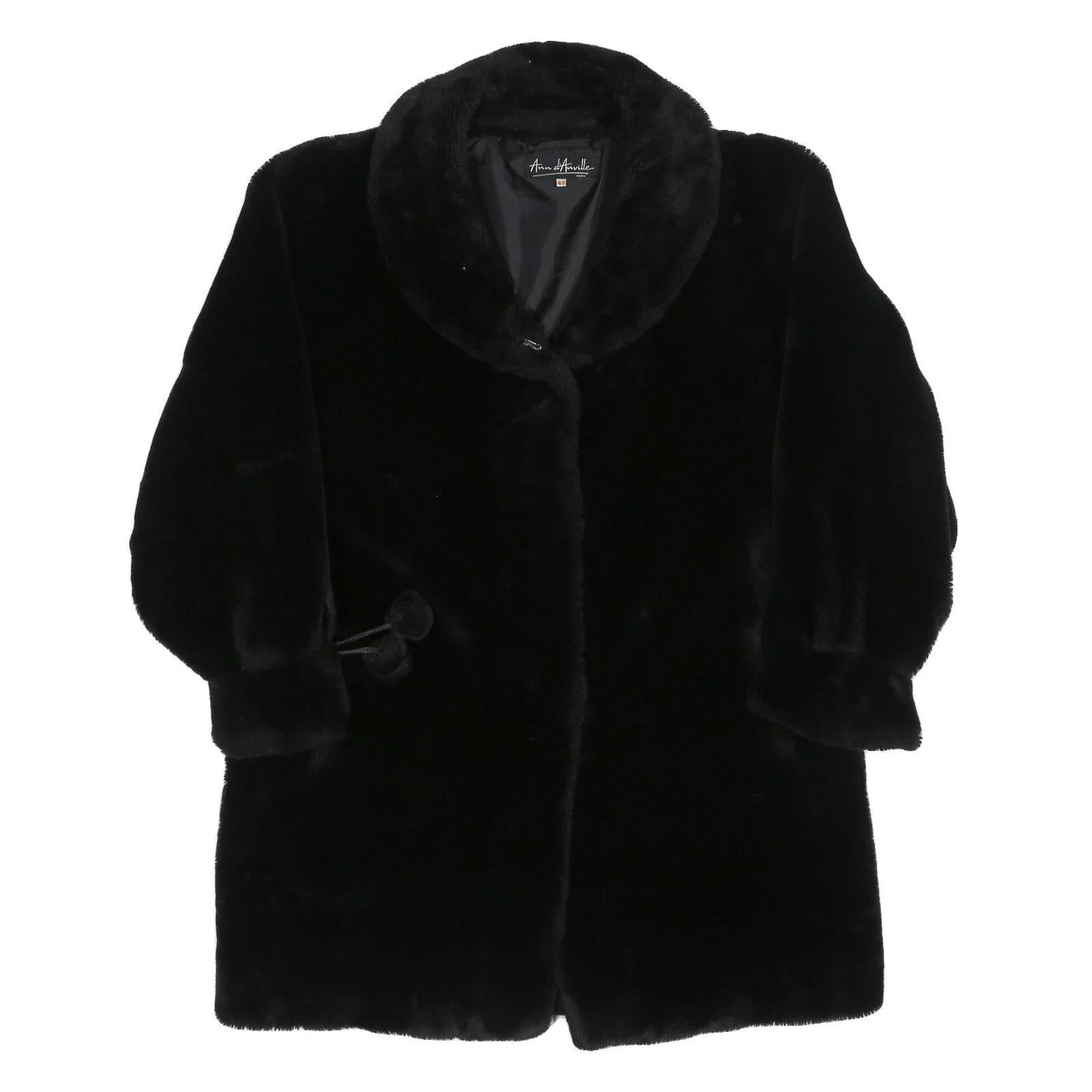 ANNE  ブラックファーコート ANN D'ANVILLE Womens Black Faux Fur Button Jacket L Polyester