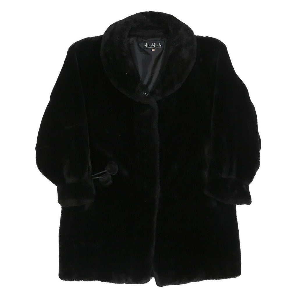 ANN D'ANVILLE Womens Black Faux Fur Button Jacket L Polyester Blend Soft Plush