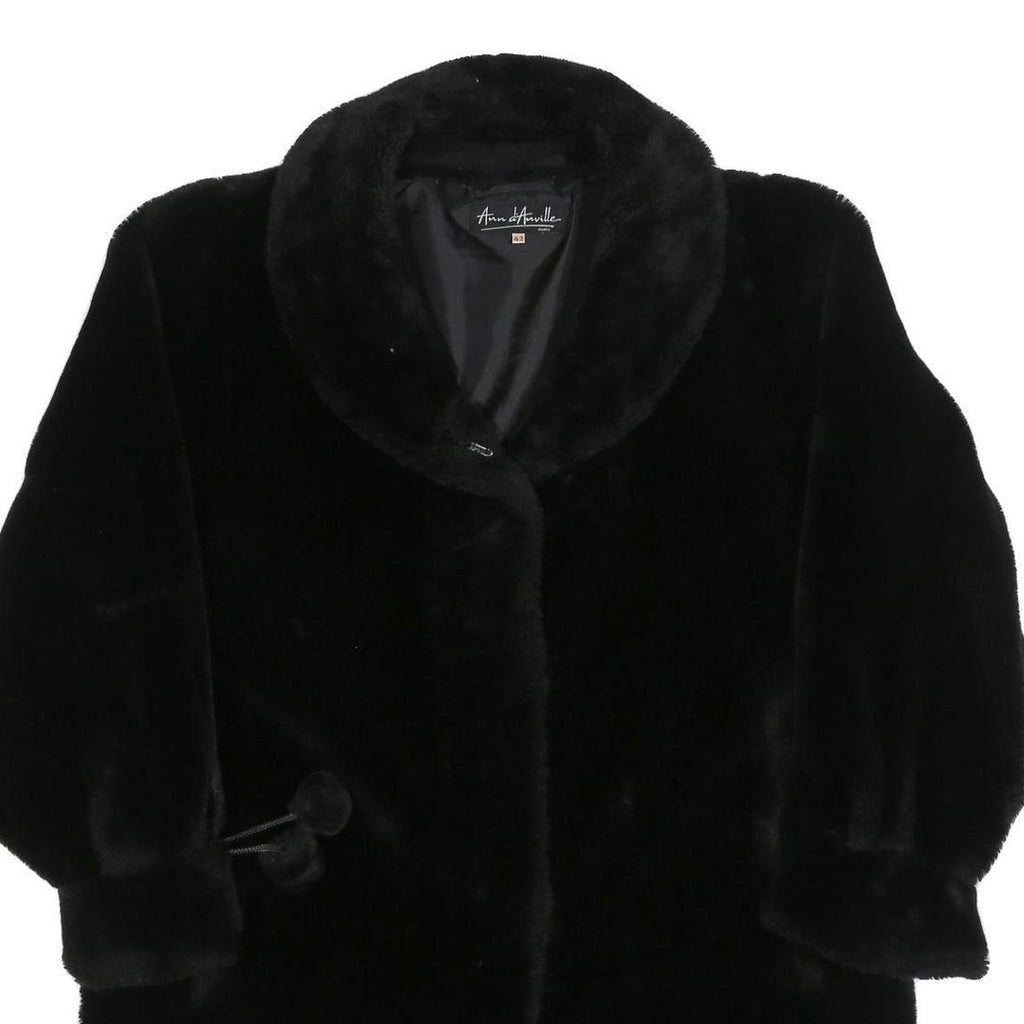 ANN D'ANVILLE Womens Black Faux Fur Button Jacket L Polyester Blend Soft Plush