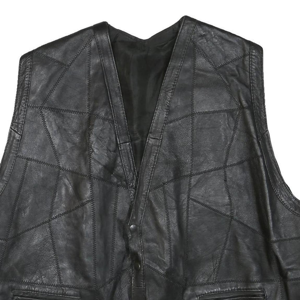 Mens Black Leather Button Jacket L Patchwork Vest Sleeveless Side Lace Up Trim