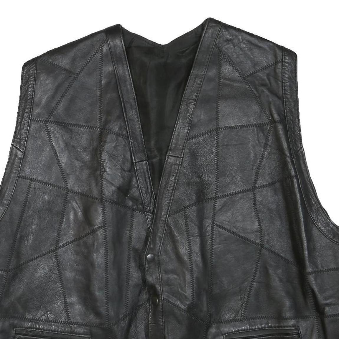 Mens Black Leather Button Jacket L Patchwork Vest Sleeveless Side Lace Up Trim