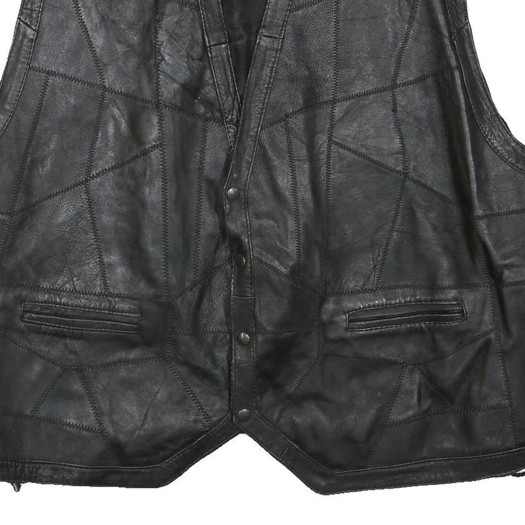 Mens Black Leather Button Jacket L Patchwork Vest Sleeveless Side Lace Up Trim