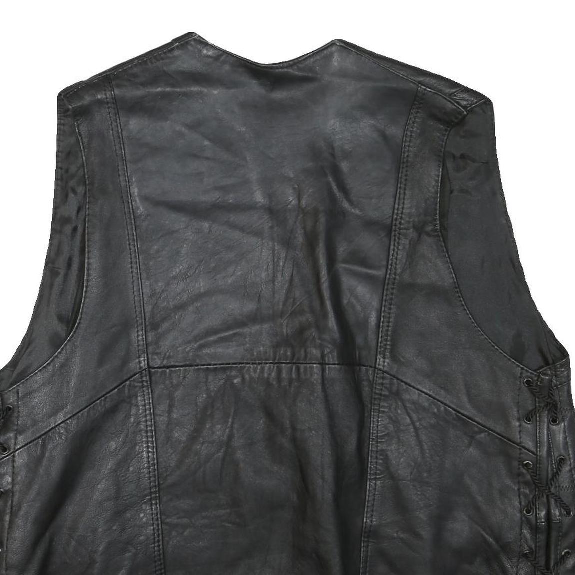 Mens Black Leather Button Jacket L Patchwork Vest Sleeveless Side Lace Up Trim