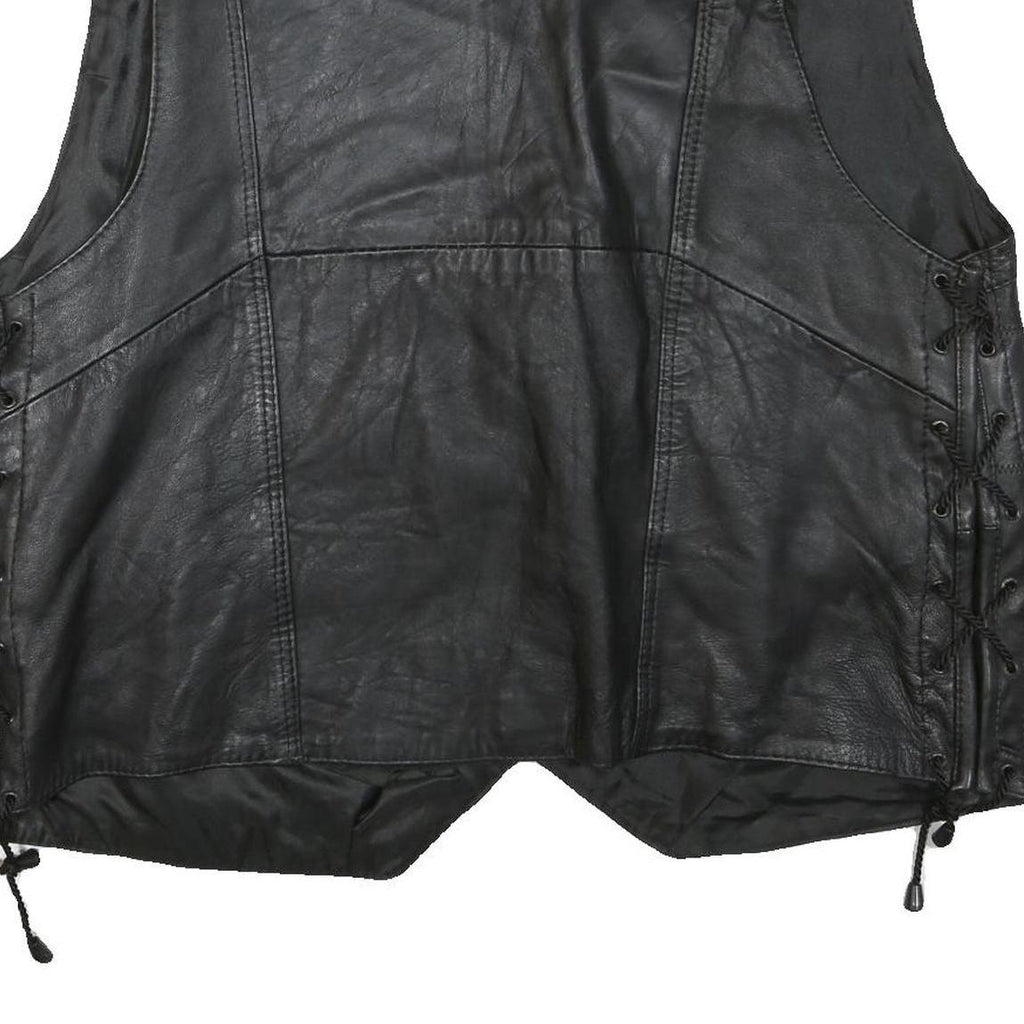 Mens Black Leather Button Jacket L Patchwork Vest Sleeveless Side Lace Up Trim