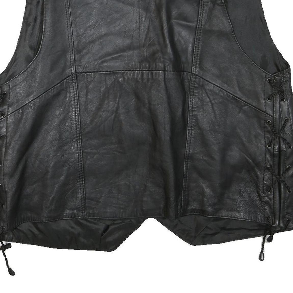 Mens Black Leather Button Jacket L Patchwork Vest Sleeveless Side Lace Up Trim