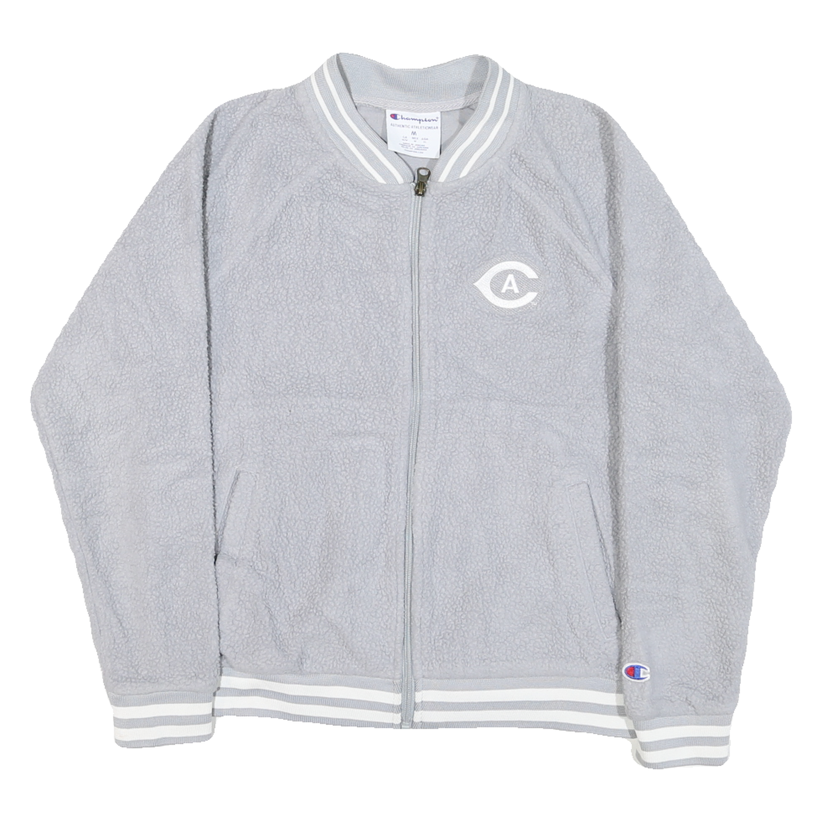 CHAMPION Mens Grey Baseball Style Jacket M Polyester Blend Sherpa Zip Casual