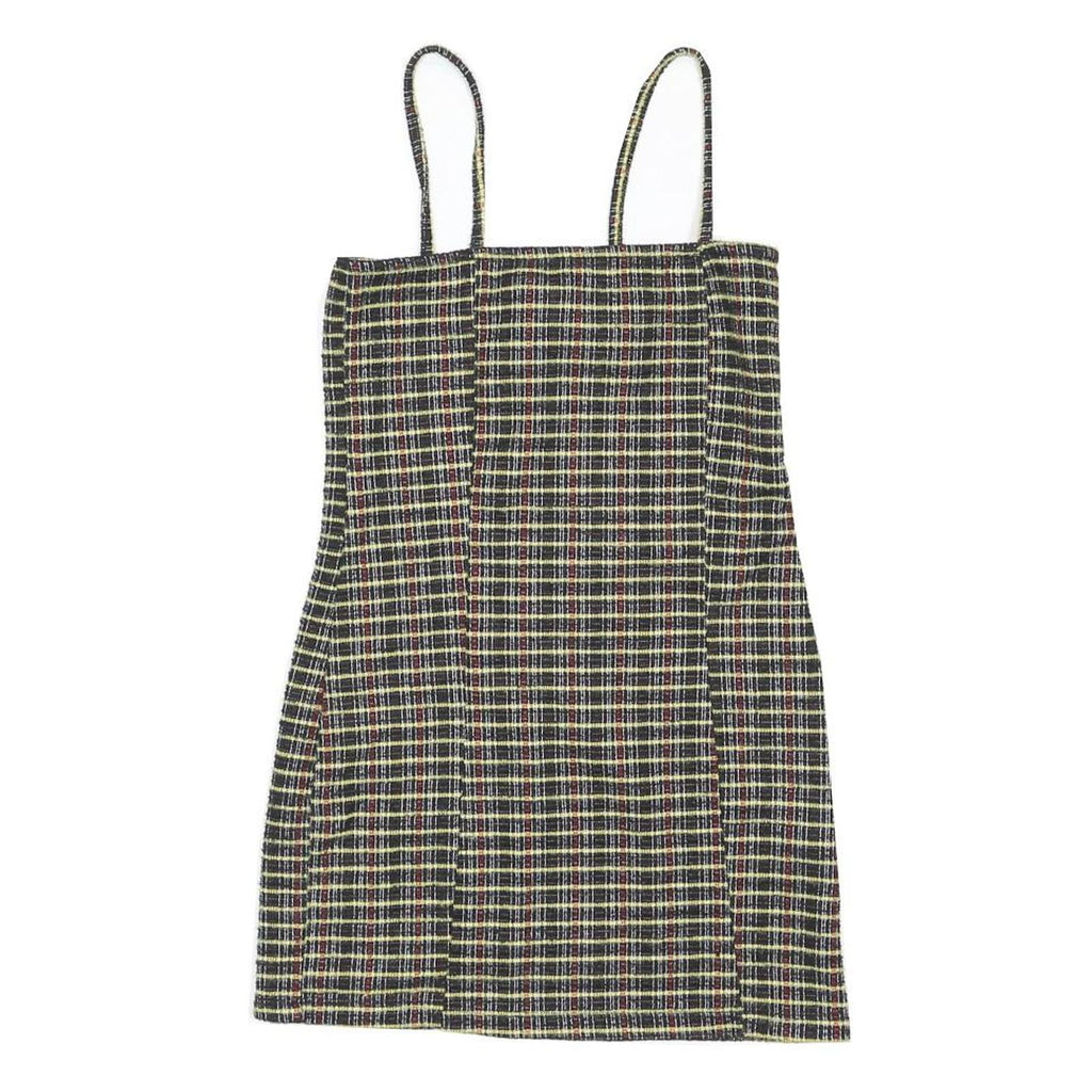 TOPSHOP Womens Black & Yellow Check Mini Cotton Blend Spaghetti Strap Dress UK 8
