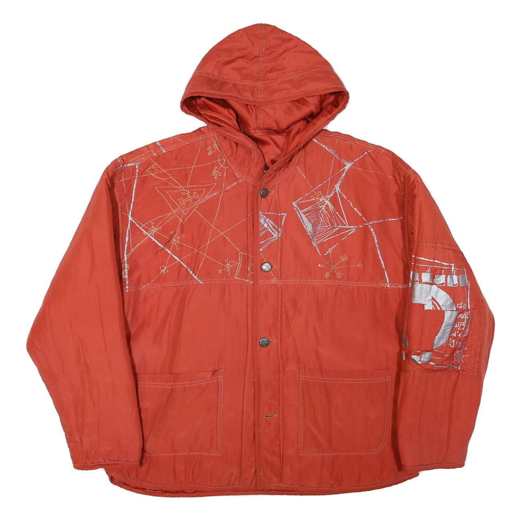 Mens Red Orange Hooded Button Jacket XL Polyester Blend Artistic Print Casual