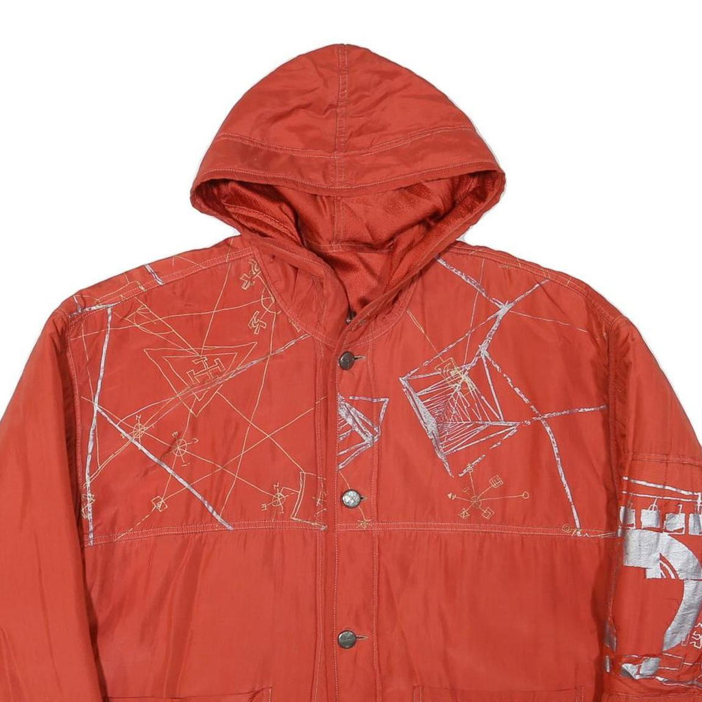 Mens Red Orange Hooded Button Jacket XL Polyester Blend Artistic Print Casual