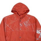 Mens Red Orange Hooded Button Jacket XL Polyester Blend Artistic Print Casual