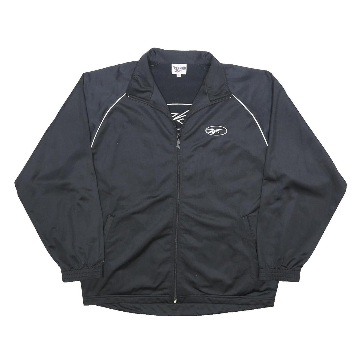 REEBOK Mens Black Track Jacket L Polyester Zip Plain Sportswear Athletics