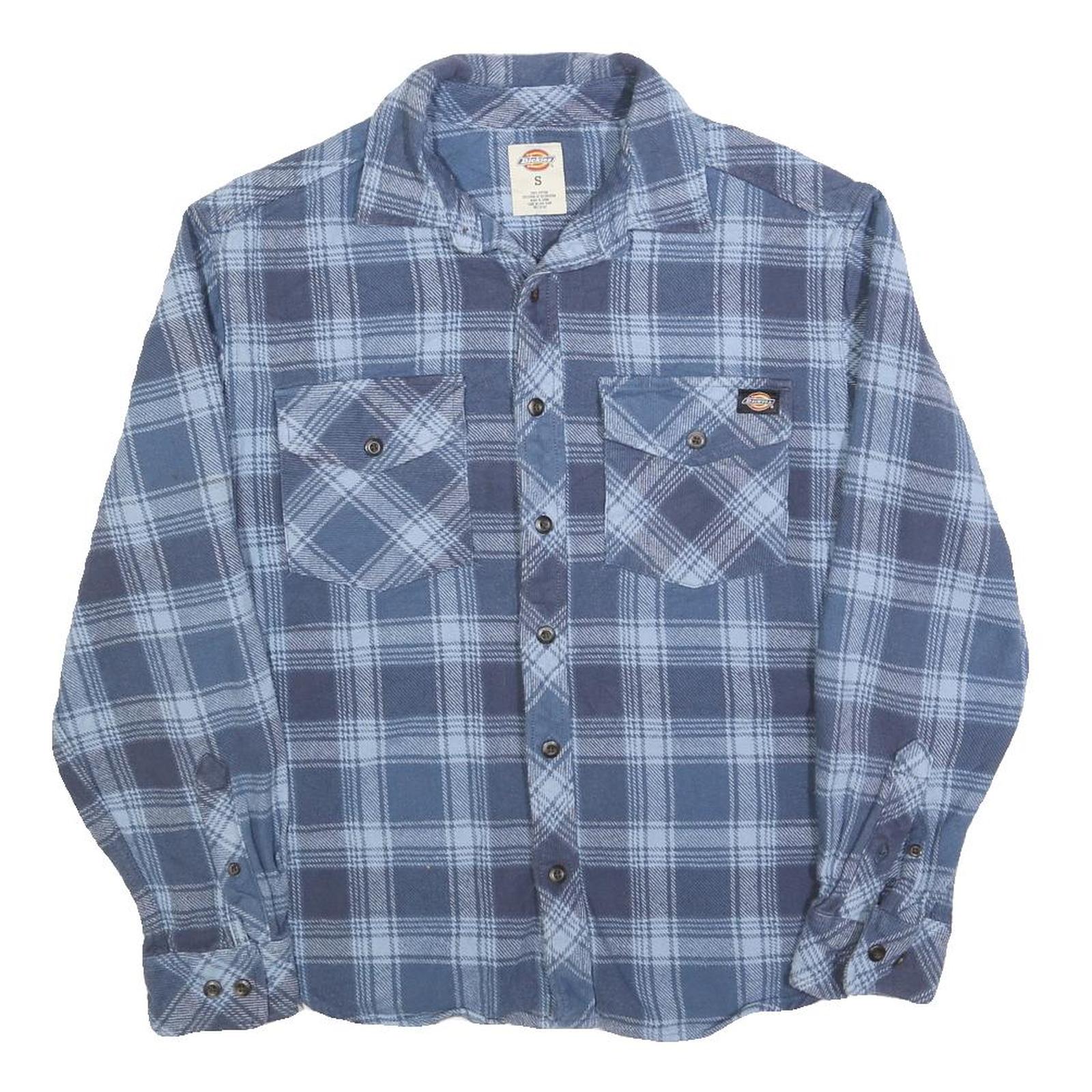 DICKIES Mens Blue Check Shirt S Long Sleeve Button Cotton Blend Workwear