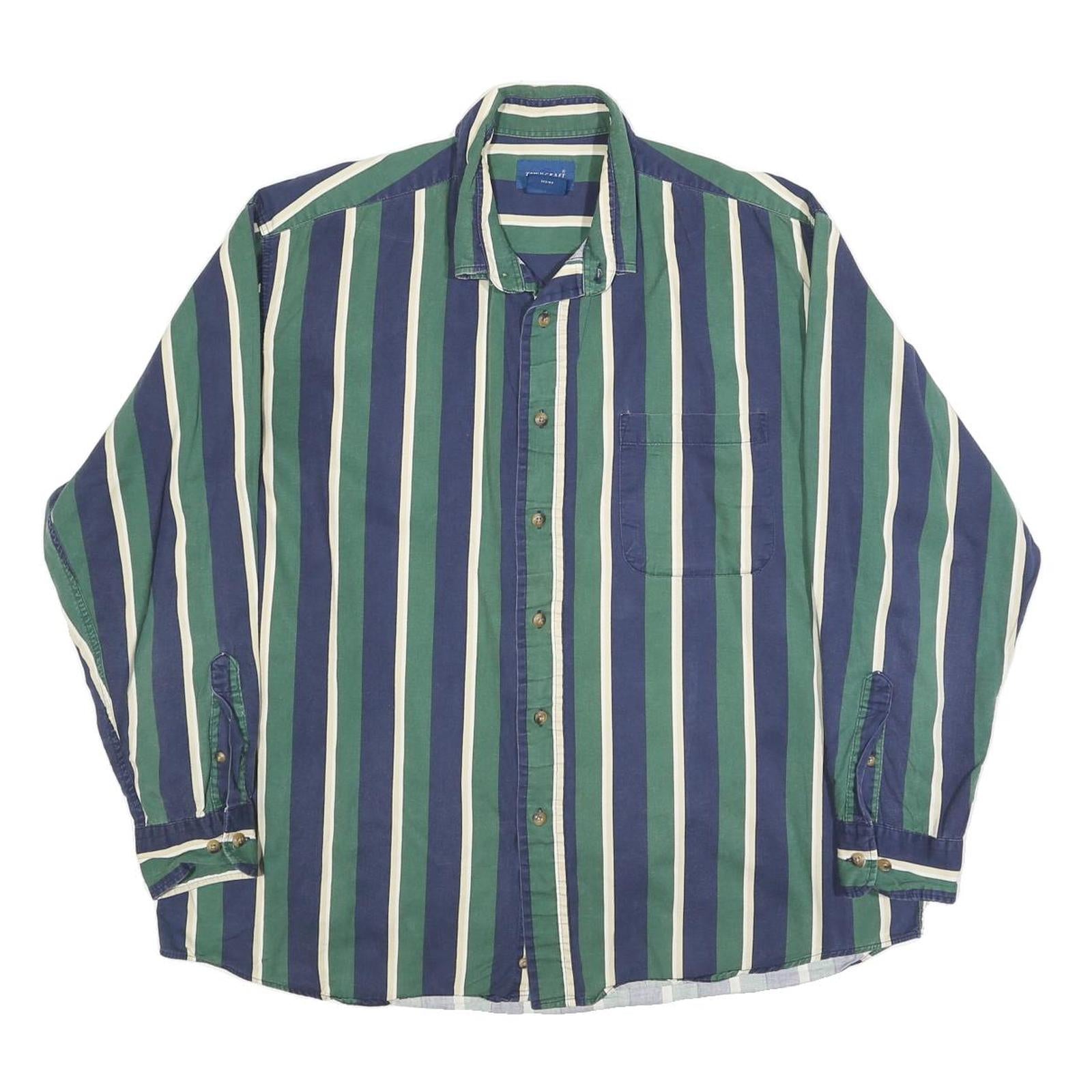 TOWN CRAFT Mens Green & Blue Striped Shirt XL Classic Cotton Blend Button Front
