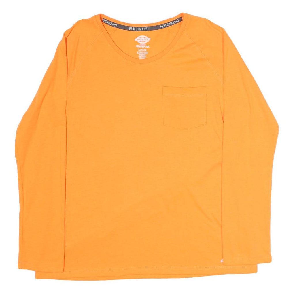 DICKIES Mens Orange Plain T-Shirt L Long Sleeve Round Neck Pocket Casual