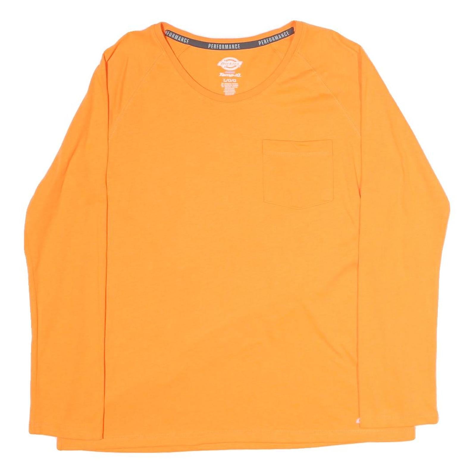 DICKIES Mens Orange Plain T-Shirt L Long Sleeve Round Neck Pocket Casual