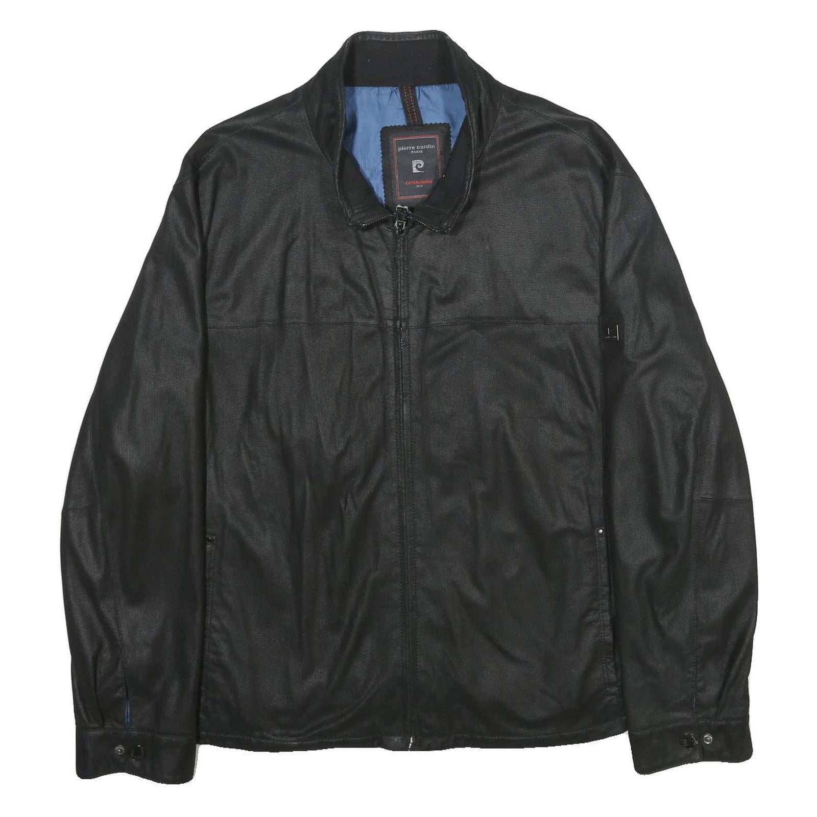 PIERRE CARDIN Mens Black Leather Jacket XL Zip Classic Fit Smooth Finish