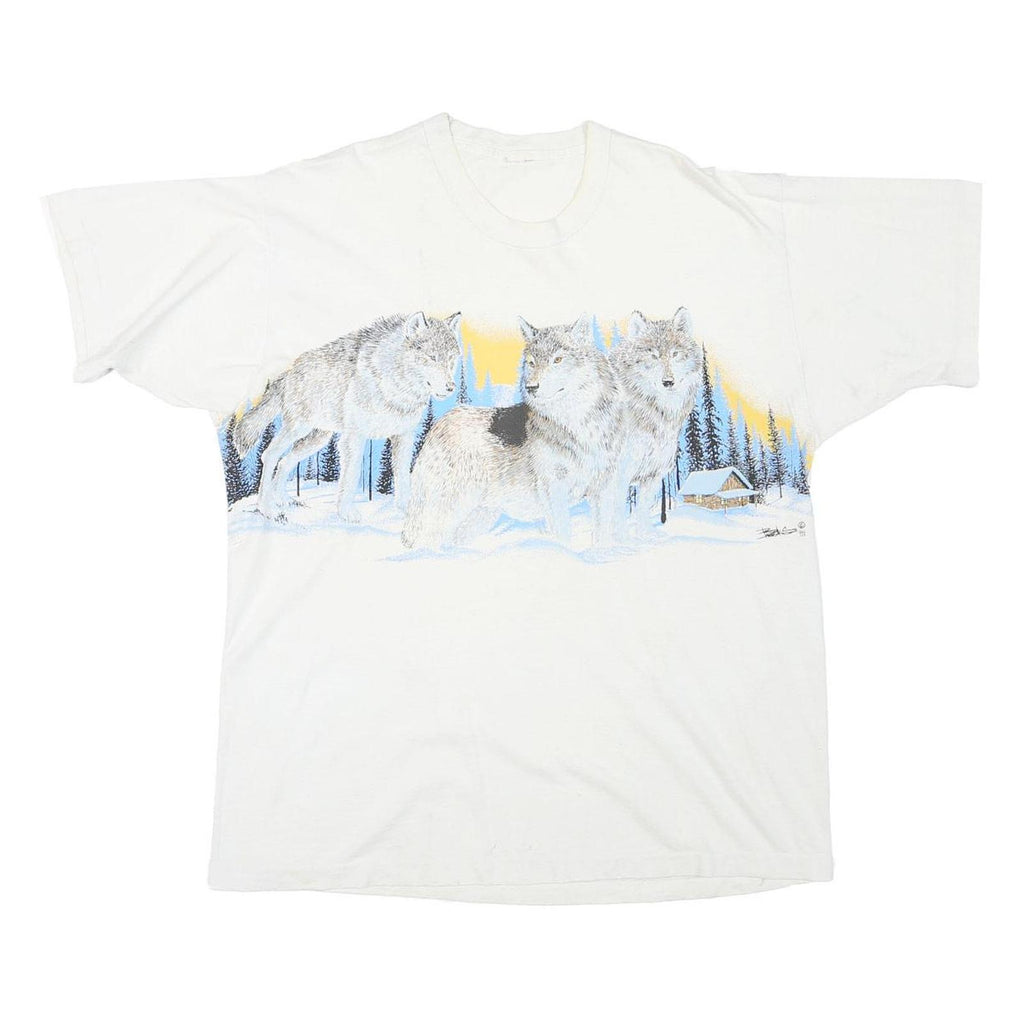 Mens White Cotton Blend Wolves Graphic T-Shirt M Short Sleeve Crew Neck Nature